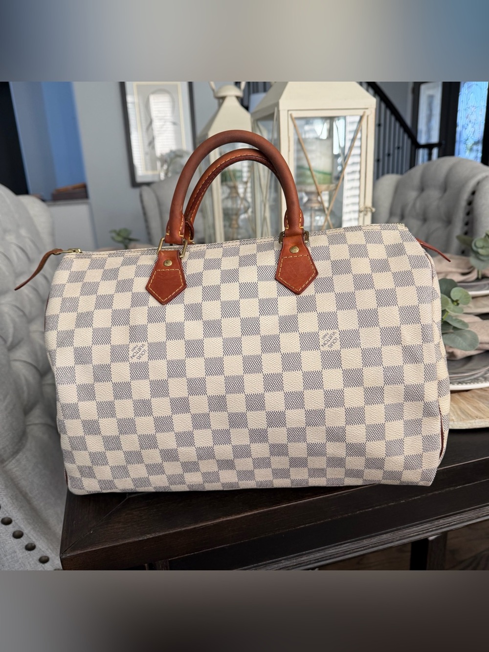 Classic Checkered Travel Bag Speedy 35 in Cream & Gray with Brown Trim - Picture 2 of 15